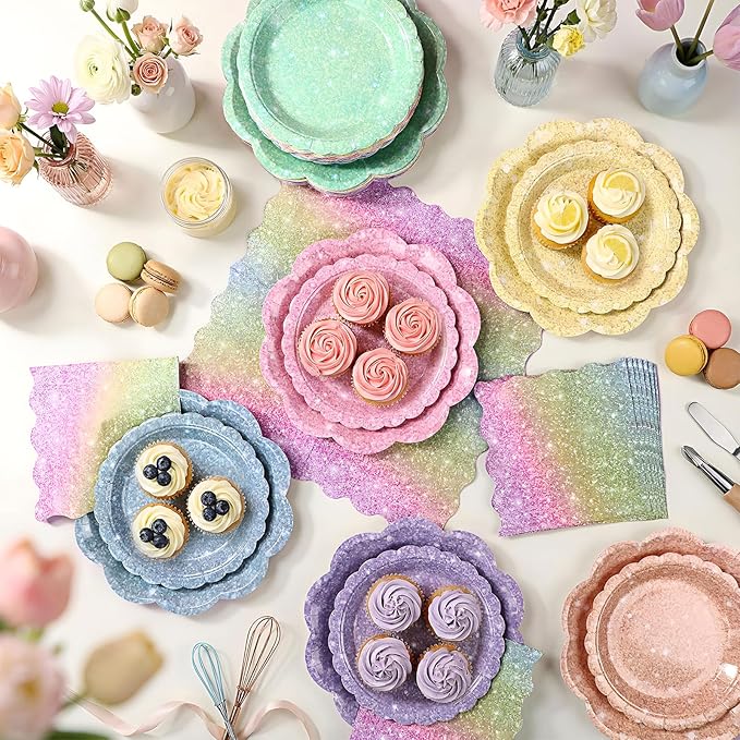 144 Pcs 48 Guests Pastel Glitter Party Plates and Napkins Pastel Scalloped Paper Plates Napkins Glitter Disposable Tableware for Birthday Bridal Baby Shower Wedding Decorations Party Supplies