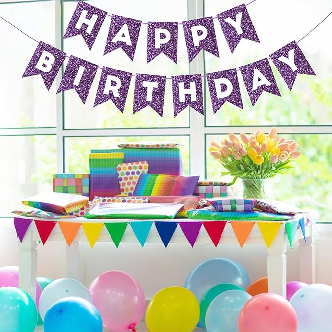 Hooqict Purple Happy Birthday Banner Garland Sign for Backdrop Women Girls Purple Birthday Party Decorations Supplies Wall Door Party Banner