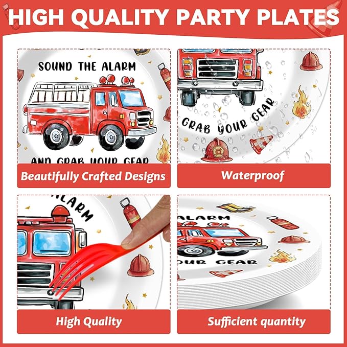 100Pcs Firetruck Birthday Party Decorations Watercolor Firefighter Plates and Napkins Little Blue Truck Birthday Dinnerware Fire Truck Supplies Fireman Tableware for Kids Baby Shower Decor Serves 25