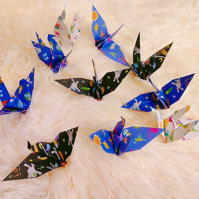 Space Dinosaur Crane Paper Hanging Garlands(3stringsX 5.2ft), Colorful Planet and Animal Origami Birds Streamers for Baby Shower Birthday Party Supplies Boy Bedroom Garden Hanging Decor