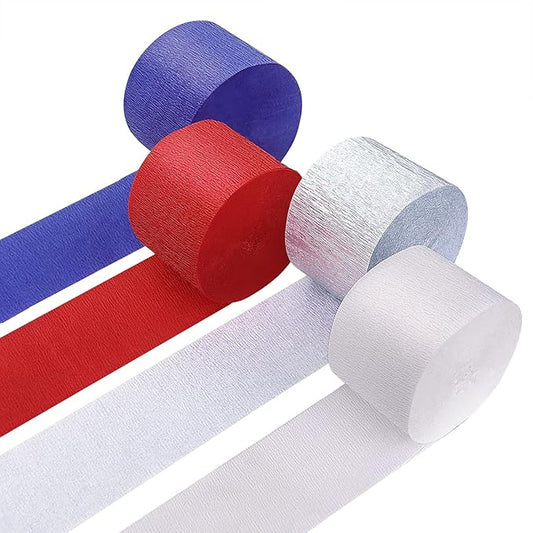 4 Crepe Paper Streamers Rolls, 328ft Pack of Red, White, Blue and Silver Crepe Paper for 4th of July, Independence Day, Labor Day, Veterans Day Decorations (1.8 inch x 82 ft/Roll)