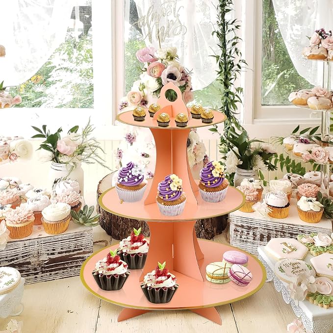 Soleebee 3-Tier Round Cupcake Stand, Cardboard Cupcake Tower, Dessert Cup Cake Stand Tower for Birthday Wedding Party Decoration, Cupcake Tier Stand 2 Set (Pink Gold)