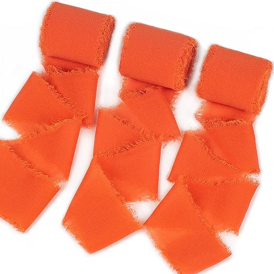 Chiffon Ribbon, Orange Silk Ribbons, Halloween Fall Party Decoration, 1.5''x21Yd Handmade Frayed Fringe Decor for Gift Wrapping, Floral Vase, Crafts, Fall Thanksgiving Decor, Wedding, 3 Rolls