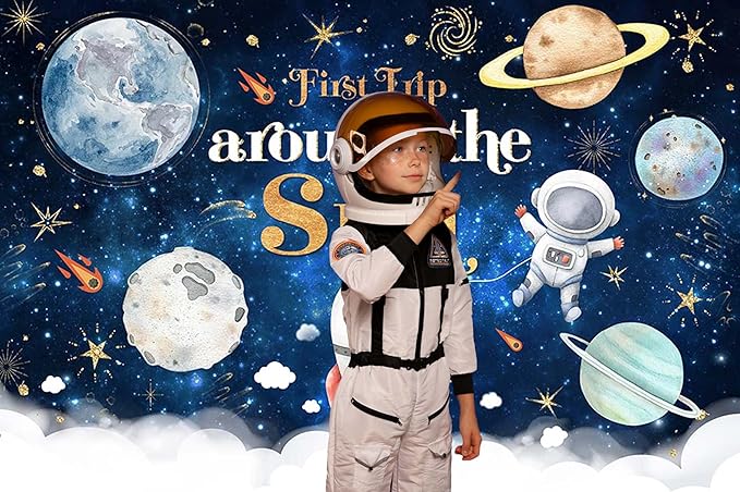 Mocsicka First Trip Around The Sun Birthday Backdrop for Boy Outer Space Sun 1st Birthday Party Decoration Galaxy Blast Off Moon Planets Rocket 1st Trip Around The Sun Cake Table Banner(82''x60'')