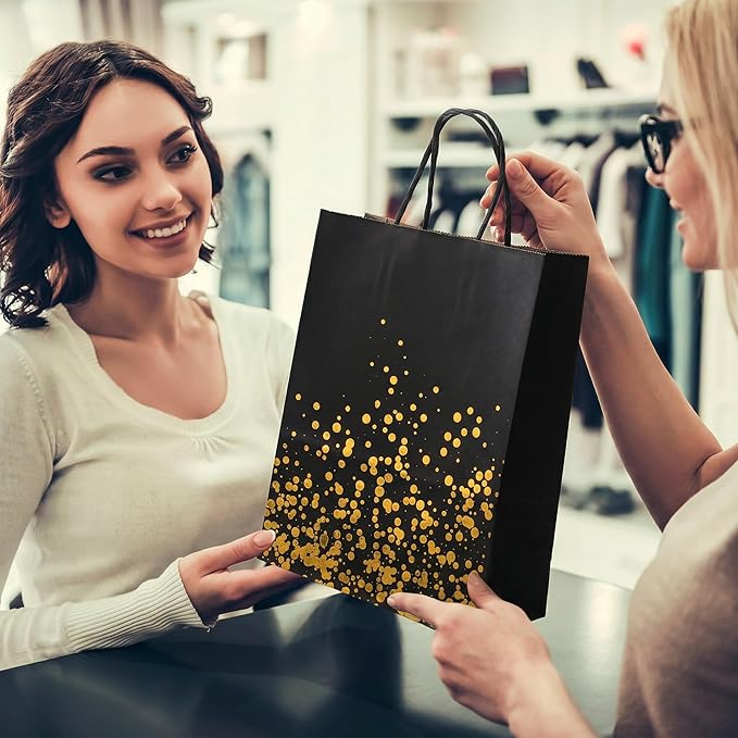 Cooraby 30 Pieces Bronzing Gold Black Paper Kraft Polka Dot Party Bags With Handle for Party Favors and Hen Parties