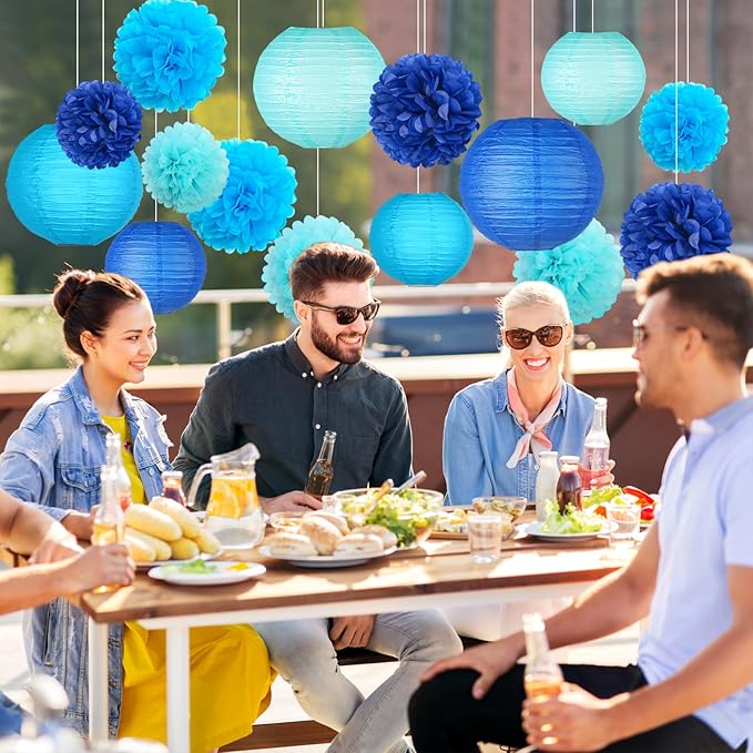 KAXIXI 15 Pcs Navy Blue Party Decorations - Easy Assemble Tissue Paper Pom Poms & Honeycomb Balls for Graduation 2026, Baby Boy Shower, Nautical Ocean Theme & Birthday Decor