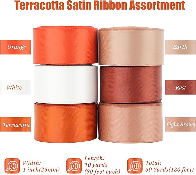 Terracotta Ribbon 1 Inch Double Face Satin Ribbon, 6 Rolls 60 Yards Burnt Orange Ribbon for Fall Decor, Halloween Crafts, Wedding, Gift Wrapping, Hair Bows, Bouquets