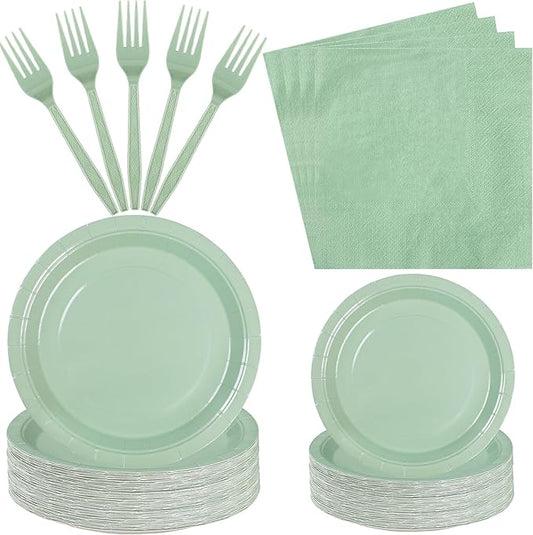 100 Count Sage Paper Plates and Napkins - Green Party Tableware Set - Disposable Plates, Napkins and Forks for Wedding, Birthday, Bridal Shower, Baby Shower - Serve 25