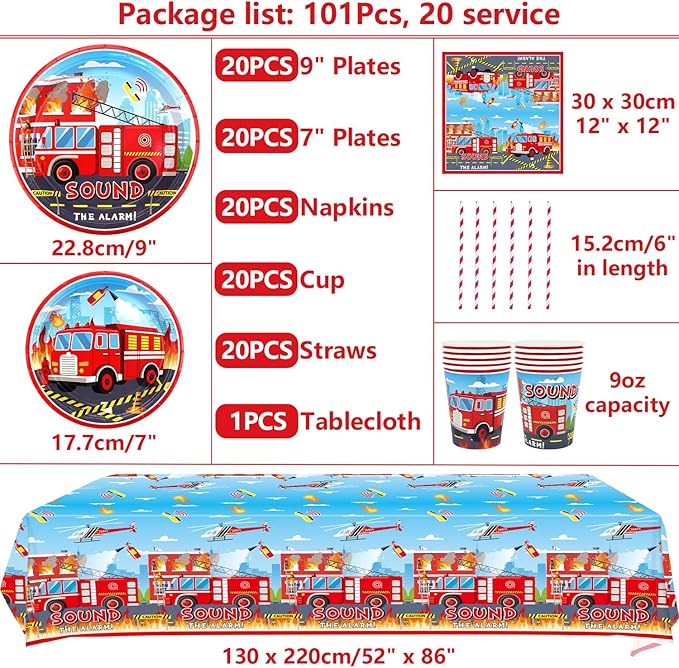 Firetruck Party Supplies - Fire Truck Party Tableware - Dinner Plates Desserts Plates Cups Napkins Tablecover Straws for Truck Theme Party Baby Shower Supplies, Serves 20 (20)