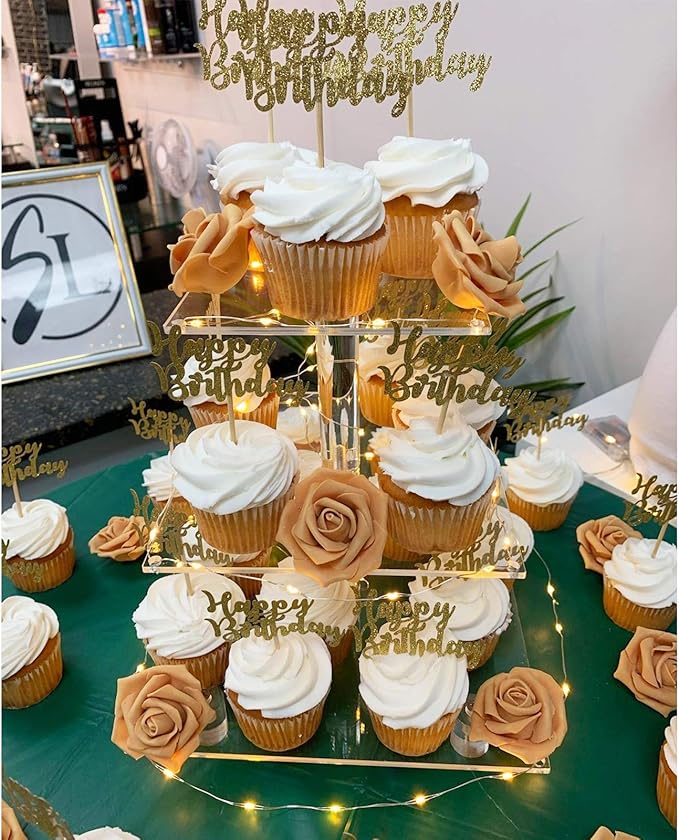 YestBuy 3 Tier Clear Square Cupcake Stand - Premium Cupcake Holder - Acrylic Cupcake Tower Display - Candy Bar Party Décor + LED Light String - Ideal for Weddings, Birthday Parties (Yellow Light)