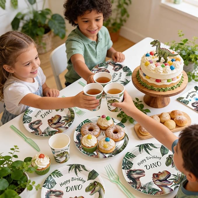 144Pcs Dinosaur Birthday Party Supplies Decorations Dino Themed Paper Plates Napkins Vintage Dinosaur Party Tableware Disposable Dinnerware for Boy Kids Birthday Baby Shower Table Decor, Serve 24