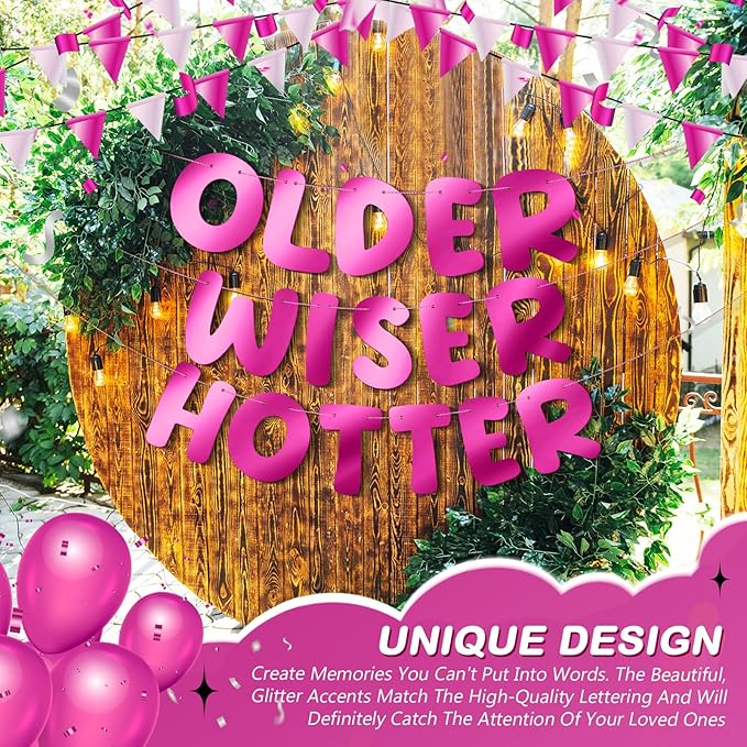 Fulmoon Set of 3 Pre Strung Older Wiser Hotter Glitter Banner Funny Birthday Banner for Women 30th 40th 50th 60th 70th 80th Birthday Party Decorations Sign Gift(Bright Hot Pink)