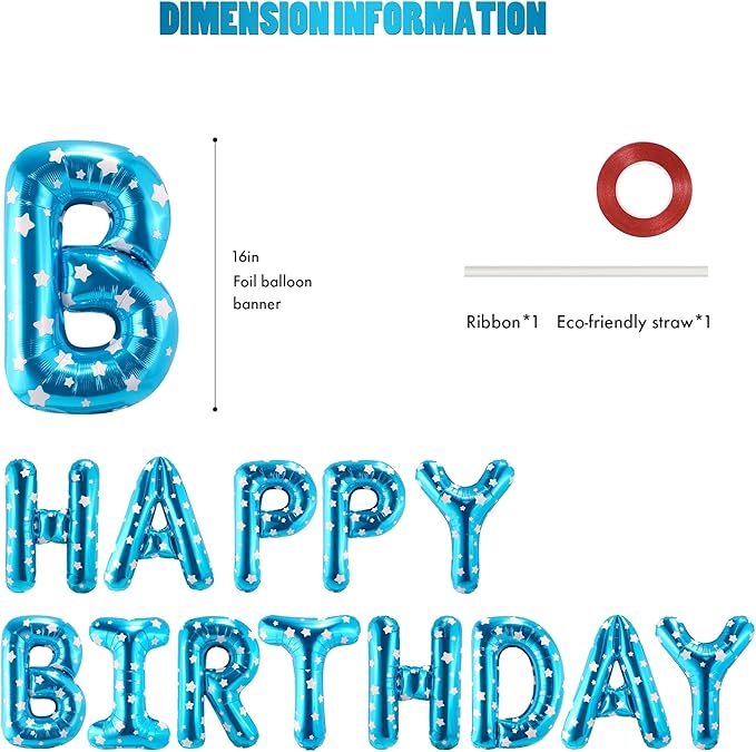 CANREVEL Happy Birthday Banner 13pcs 16 Inch Mylar Foil Letters Balloons Birthday Party Decorations for Kids and Adults - 3D Blue Star