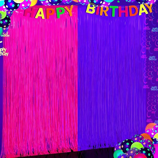 Glow in The Dark Party Supplies 2 Pack Neon Party Decorations Fluorescent Tinsel Foil Fringe Curtains Photo Booth Prop Backdrop Streamer Blacklight Decorations (Neon Hot Pink+Neon Purple)