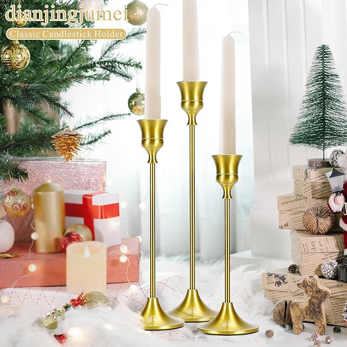Metal Brass Gold Taper Candlestick Holders Set of 6, Wine‑Glass Shaped Candle Stick Holder with 3 Assorted Heights, Elegant Table Centerpiece Decor for Wedding Christmas Fireplace