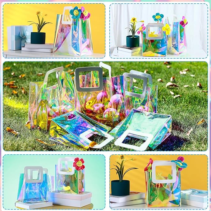 30 Pcs Reusable Holographic Gift Bags with Handle Iridescent Bachelorette Party Favor Bags Clear Tote Goodie Bags for Shopping Baby Showers Weddings - 5.9x6.3x2.8/8.3x8x4/11x9.8x5.7 Inch(20/5/5 Pcs)