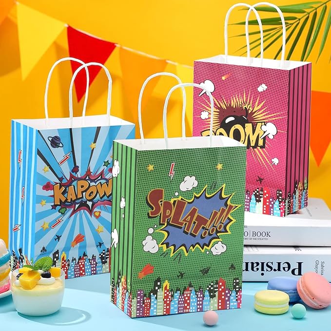 20Pcs Superhero Party Favors Bags with Handles, Comic Hero Kraft Paper Bags for Kids, Goodie Bags Candy Treat Gift Bags for Boom Hero Theme Birthday Baby Shower Party Supplies