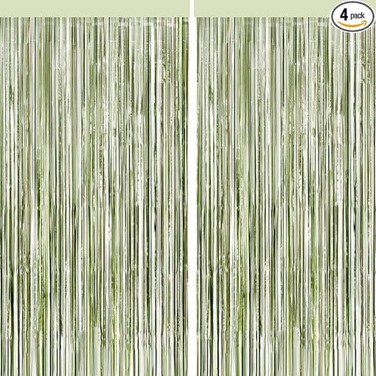 4 Packs Sage Green Foil Fringe Curtain, Light Green Glitter Metallic Tinsel Backdrop for Boho Birthday Wedding Bridal Baby Shower Engagement Martini Party Decorations Supplies