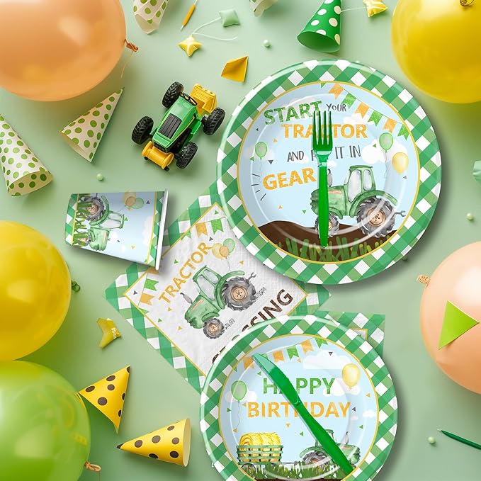 Tractor Birthday Plates And Napkins Party Supplies - Farm Theme Green Tractor Birthday Decorations Tableware, Paper Plate, Cup, Napkin, Disposable Fork | Serves 24