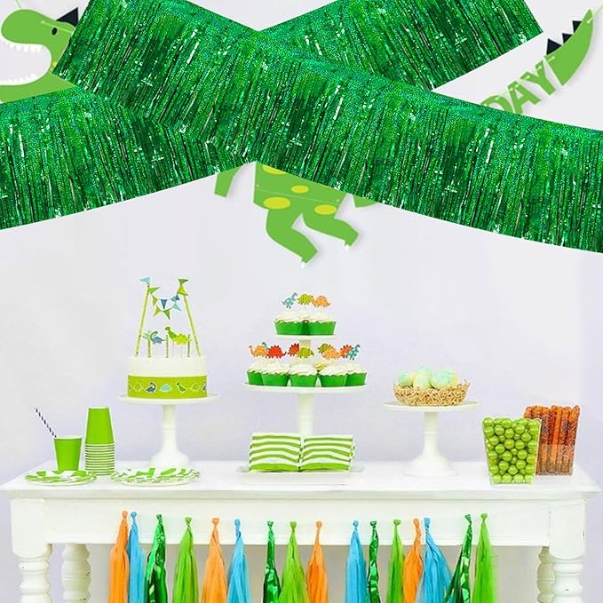 BEISHIDA 3 Packs Metallic Foil Fringe Garland Laser Green Wall Hanging Tinsel Fringe Banners for Car Floats Bridal Shower Wedding Birthday Easter Graduation Holiday Party Decoration(30 Feet)