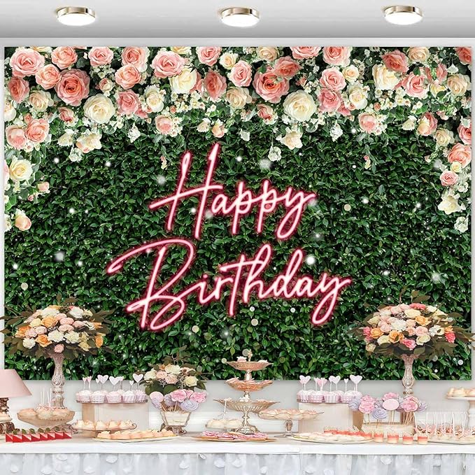 Sensfun Green Leaves Happy Birthday Backdrop for Women Greenery Grass Pink Neon Flower Wall Birthday Party Decorations Girls Rose Floral Blossom Bday Photography Background Photo Studio Shoot 8x6ft