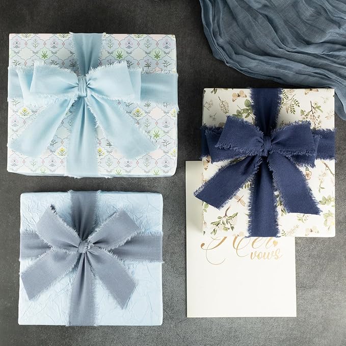 Dark Blue Cotton Ribbon 1-1/2 Inch Navy Blue, Dusty Blue & Baby Blue 3 Rolls 21 Yards Frayed Edge Fabric Set for Formal Wedding Decor, Graduation Party, Father's Day, Gift Wrapping & DIY Crafts