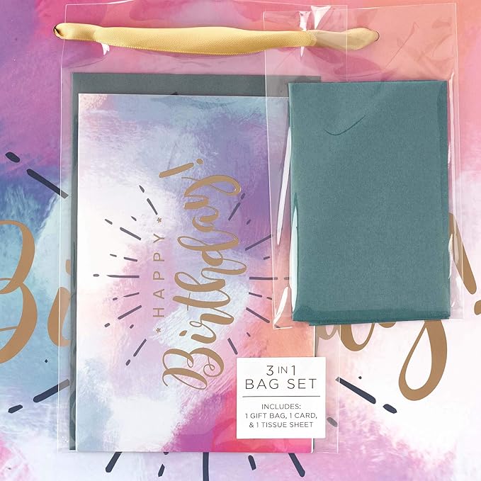 WITH LOVE Happy Birthday Women's Large Gift Bag Set w/Card & Tissue Paper Blue Pink Purple Watercolor Design for Her Birthday Inspirational Gift Wrap Bag, Landscape 10" x 12.5" x 3.9"