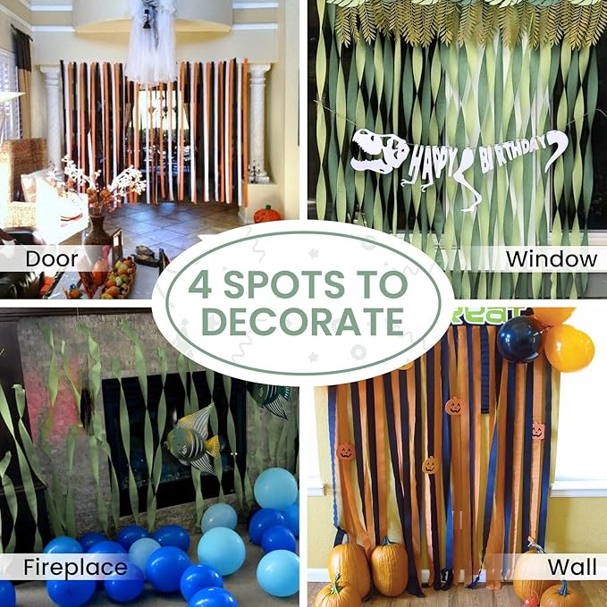 PartyWoo Green and Orange Crepe Paper Streamers 6pcs 492ft Pack of Sage Dark Green Burnt Orange Sand White Crepe Paper Streamers for Birthday Baby Shower Woodland Dinosaur Jungle Party Decorations