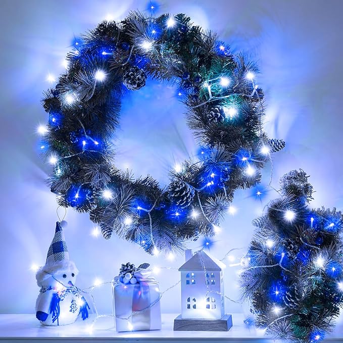 Blue and White Christmas Lights Outdoor 82ft 250 LED Christmas Tree Lights 8 Modes Clear Wire, Plug in Waterproof Twinkle Fairy Lights for Indoor Christmas Bedroom Tree Decorations