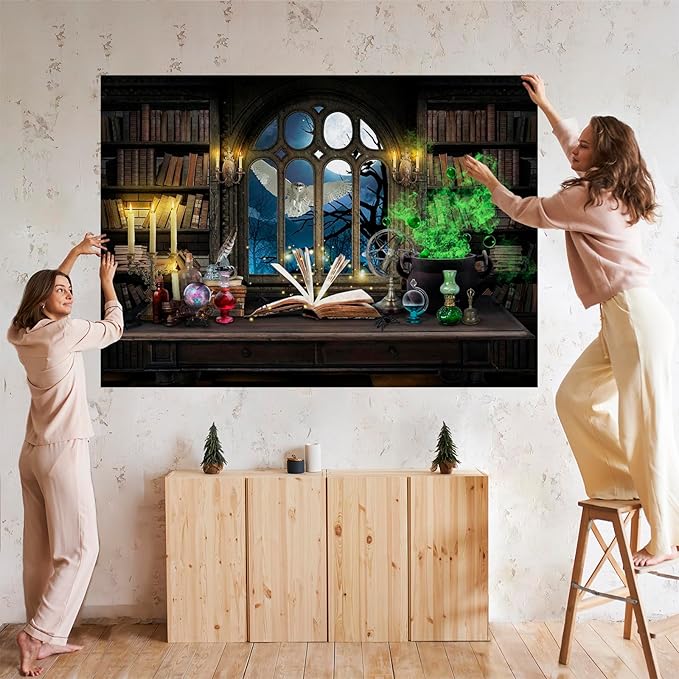 Mocsicka Wizard Magic Bookshelf Backdrop Witch Cauldron Halloween Party Decoration Magic Theme Birthday Party Banner Photo Studio Props (Brown, 10x8ft(120''x96''))