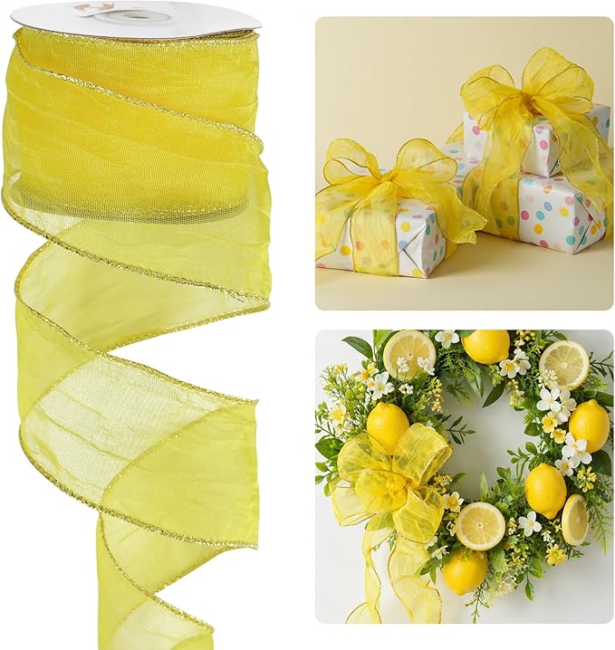 HUIHUANG Yellow Wired Ribbon 2-1/2 inch Crinkle Metallic Yellow Wire Ribbon for Lemon Wreaths Bows Making DIY Crafts Holiday Home Fall Sunflower Decor - 10 Yards