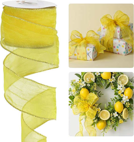 HUIHUANG Yellow Wired Ribbon 2-1/2 inch Crinkle Metallic Yellow Wire Ribbon for Lemon Wreaths Bows Making DIY Crafts Holiday Home Fall Sunflower Decor - 10 Yards