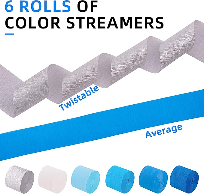 Blue and White Streamers, 2.2" x 123 Ft, 6 Rolls Crepe Paper Streamers Party Supplies for Under The Sea Shark Ocean Themed Birthday Baby Shower Wedding Graduation Decorations, DIY Crafts