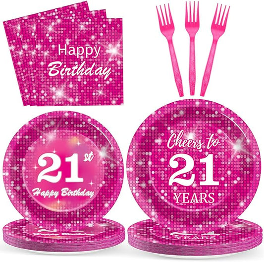96 Pcs Hot Pink Disco Birthday Party Plates Napkins Tableware Set Pink 21th Supplies Disposable Dinnerware Happy 21 Years Old Decoration Favors for 21th Disco Theme Party Favor, 24 Guests
