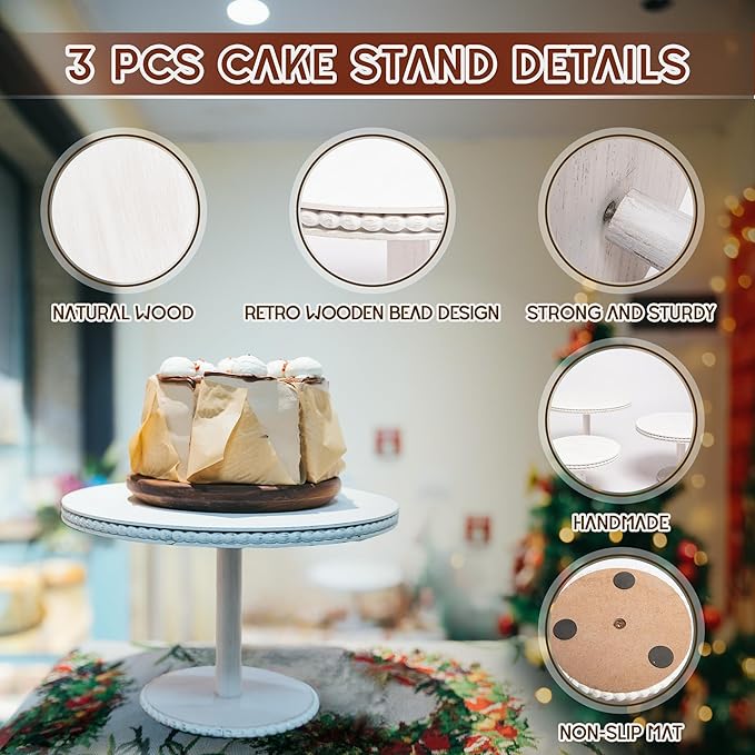 GENMOUS 8", 10", 12" Rustic Farmhouse Cake Stand, Decorative Wooden Beaded Cake and Cupcake Stand Combo for Birthday Party Decor, 3 Tiered Dessert Table Display Set for Wedding, Baby Shower, White
