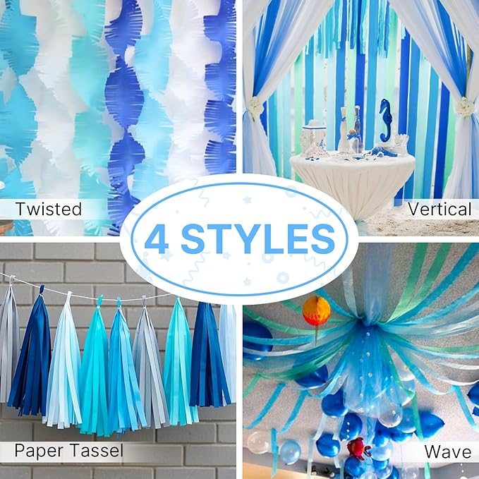 PartyWoo Blue Crepe Paper Streamers 6 Rolls 492 ft Pack of Sky Light Blue Crepe Paper Rolls for Graduation Wedding Baby Shower Gender Reveal Birthday Party Decorations (1.8 Inch x 82 Ft/Rolls)