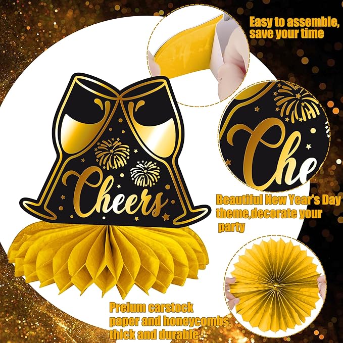Happy New Year Honeycomb Centerpieces 2026 New Year's Eve Table Decorations 12Pcs New Year Theme Party Supplies Black and Gold Cheers to 2026 Centerpieces for Countdown Party Decor