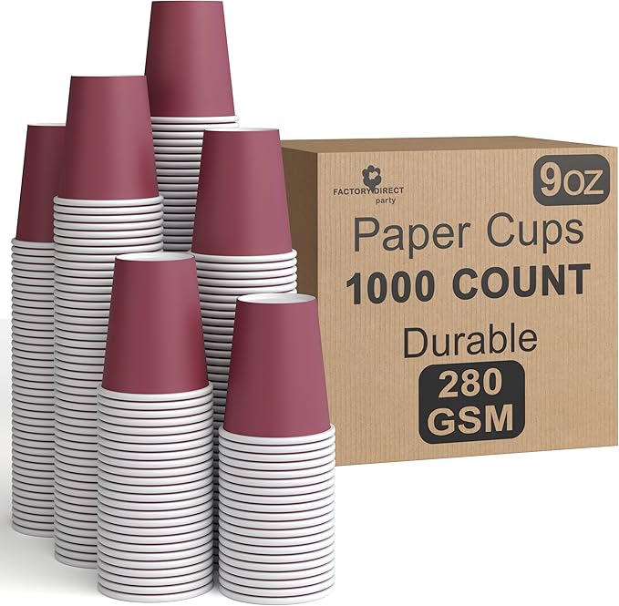 Party Solids Burgundy Paper Cups 9 oz Durable Disposable Cups 1000 Paper Tumblers for Hot Drinks and Cold Drinks Thick 280 GSM Hot Cup for Tea & Coffee Cup To Go Fun Colors for Parties & Events