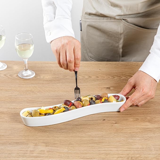 Restaurantware Swerve 10 Ounce Olive Plate 1 Curved Olive Tray - Medium Chip Resistant White Porcelain Olive Canoe Dishwasher Safe For Snacks Condiments Or Appetizers