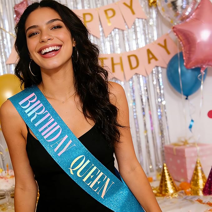 Birthday Queen Sash, Dazzle Foil Letter Glitter Teal Blue Birthday Sash for Women Girl 21st 30th 40th 50th 60th Gifts Funny Bday Gifts Party Favors Photo Prop
