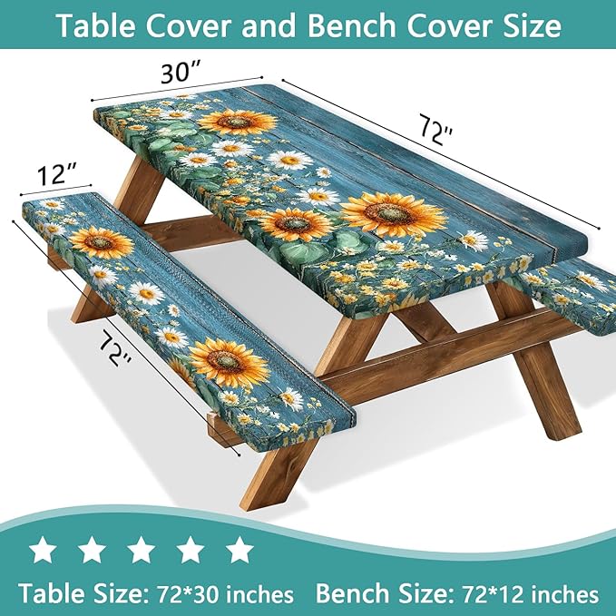 Picnic Table Cover with Bench Covers, Waterproof Elastic Fitted Tablecloths for 6 Foot Rectangle Tables, Outdoor Washable Sunflower Wooden Tablecloth for Camping 30X96in