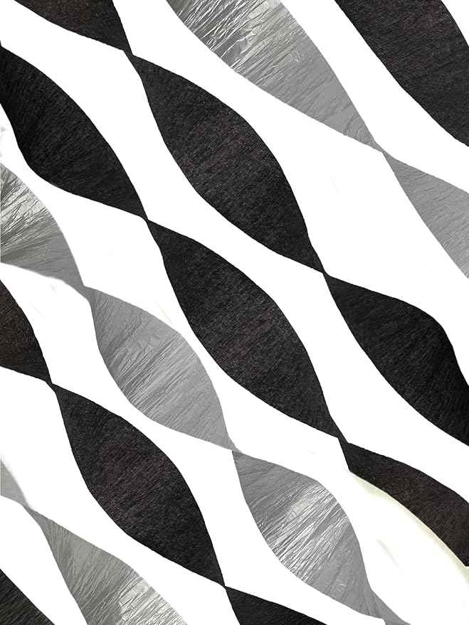 Black and Metallic Silver Crepe Paper Streamers, 4 Rolls Total, Made in USA