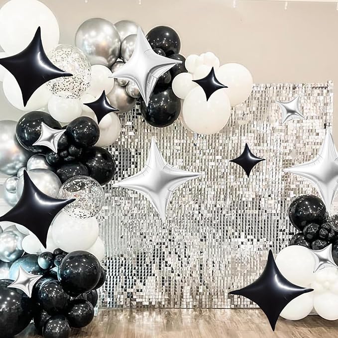 TONIFUL 30Pcs 26In&10In Star Balloons Black and Silver Four Pointed Foil Mini Star Mylar Balloons for Birthday Wedding Baby Shower Anniversary Engagement Party Decor Supplies