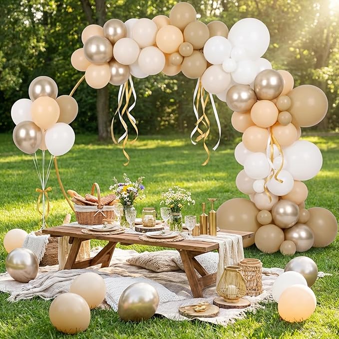 RUBFAC Beige and Champagne Balloons, 65pcs White and Brown Boho Gold Party Balloon for Neutral Birthday Bridal Baby Shower Wedding Party Decorations