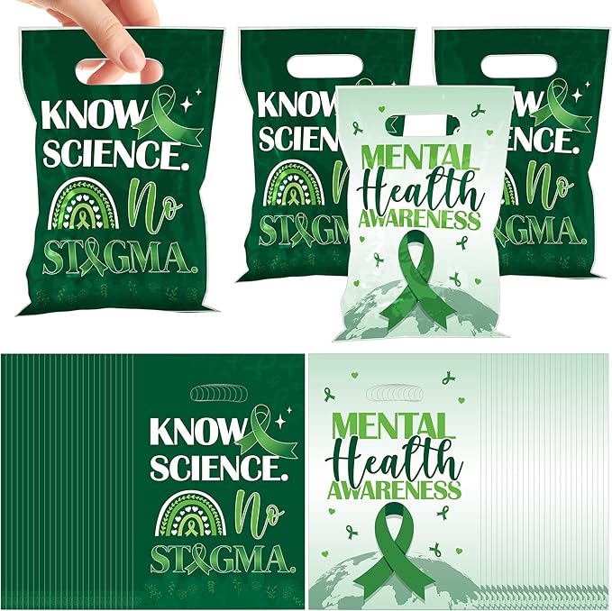 MOIZYNG 50Pcs Mental Health Awareness Gift Bags with Handles, Know Science No Stigma Mental Health Plastic Candy Treat Goodie Bags for Counselor Office Classroom Party Favors