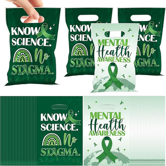 MOIZYNG 50Pcs Mental Health Awareness Gift Bags with Handles, Know Science No Stigma Mental Health Plastic Candy Treat Goodie Bags for Counselor Office Classroom Party Favors