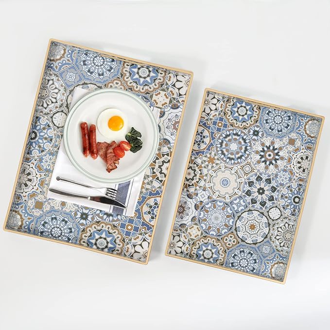 AGIOTA 2 Pcs Serving Tray with Handles Bohemian Decorative Tray Large Ottoman Trays for Living Room Blue Coffee Table Trays for Breakfast