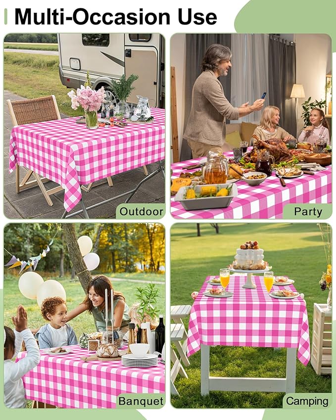 Smiry 12 Packs Gingham Disposable Table Cloth, 54 x 108 Inch Waterproof Plastic Tablecloth, Rectangle Hot Pink and White Checkered Table Covers for Picnic, Birthday, Party