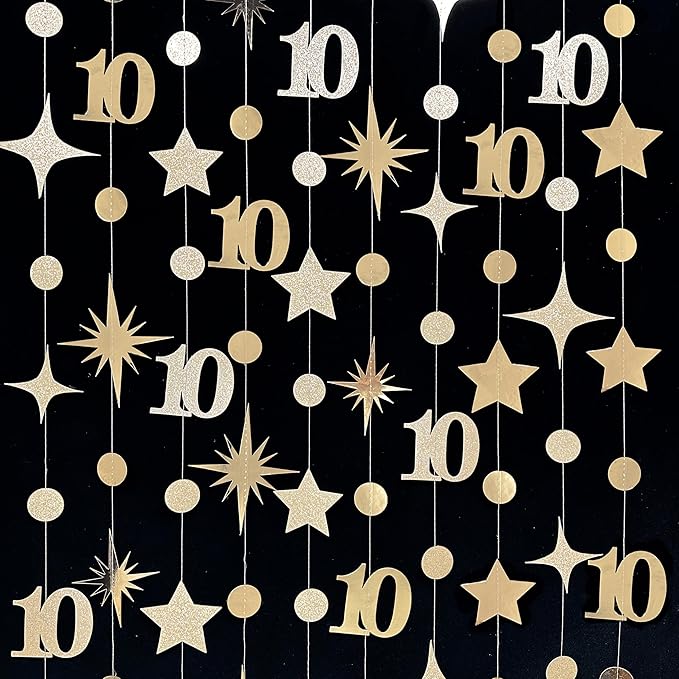 Champagne Gold 10th Birthday Decorations Number 10 Circle Dot Star Garland Streamer Banner Backdrop for Girls Boys Double Digits Cheers to 10 Years Old Birthday Happy 10th Anniversary Party Supplies
