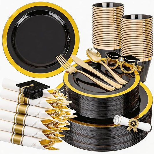 YOUBET 350PCS Black and Gold Plastic Plates - Gold Disposable Dinnerware Sets for 50 Guests - 100 Plastic Plates, 150 Gold Silverware, 50 Cups, 50 Pre Rolled Napkins for Party & Wedding Graduation